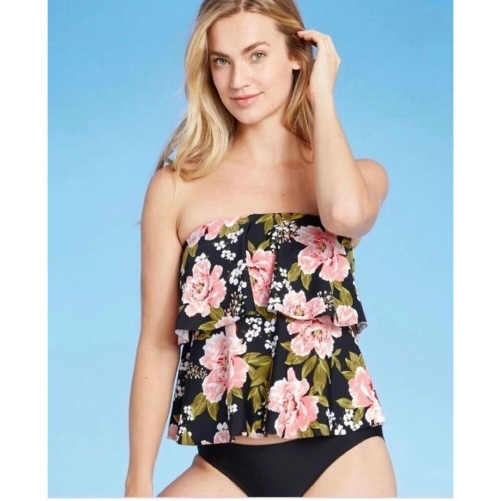 NWT Womens Kona Sol Bandeau Tiered Floral Tankini Swim Top - Sz S